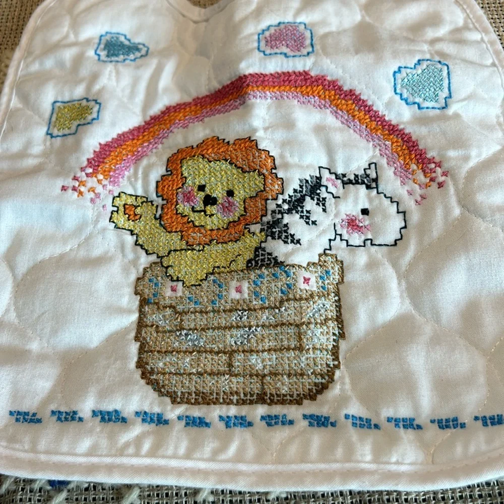 Baby Wares Hand cross stitch Noah’s Ark bib